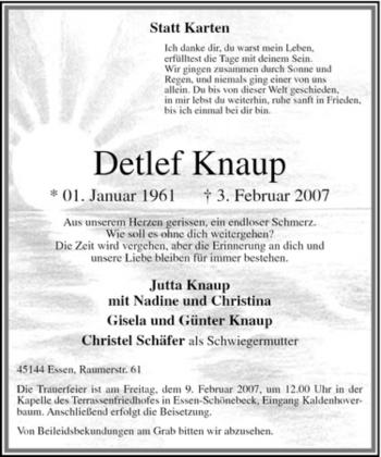 Traueranzeige von Detlef Knaup von Tageszeitung