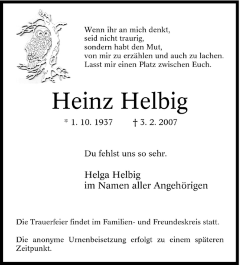  Traueranzeige für Heinz Helbig vom 06.02.2007 aus Tageszeitung