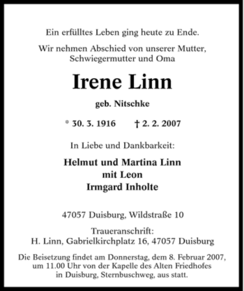 Traueranzeige von Irene Linn von Tageszeitung