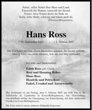Traueranzeige von Hans Ross von Tageszeitung