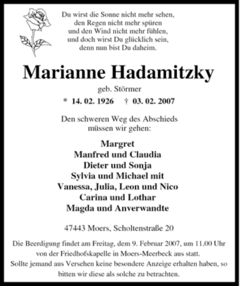 Traueranzeige von Marianne Hadamitzky von Tageszeitung