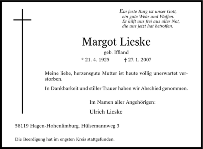  Traueranzeige für Margot Lieske vom 07.02.2007 aus Tageszeitung