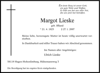 Traueranzeige von Margot Lieske von Tageszeitung