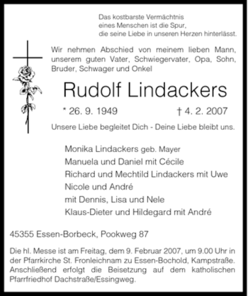 Traueranzeige von Rudolf Lindackers von Tageszeitung