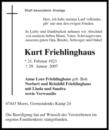 Traueranzeige von Kurt Friehlinghaus von Tageszeitung