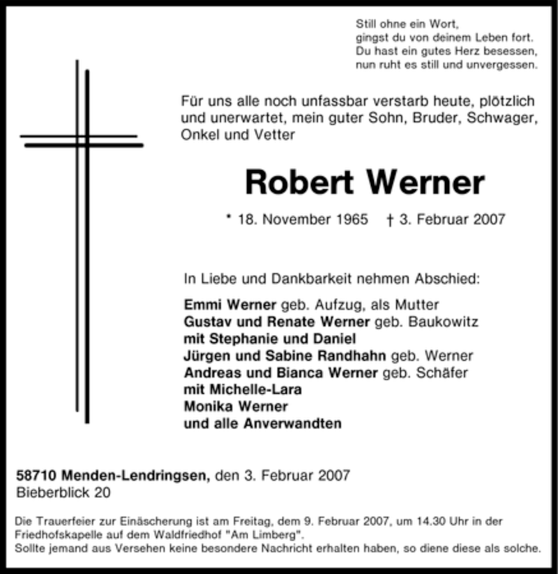 Traueranzeige für Robert Werner vom 07.02.2007 aus Tageszeitung