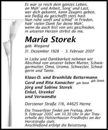 Traueranzeige von Maria Storek von Tageszeitung