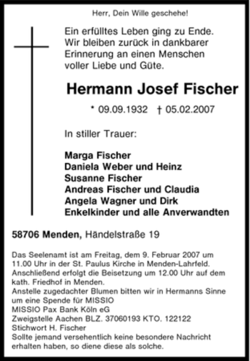Traueranzeige von Hermann Josef Fischer von Tageszeitung