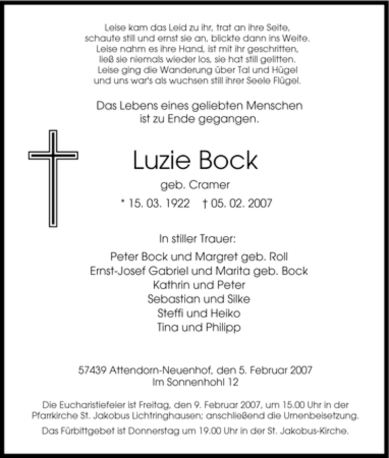  Traueranzeige für Luzie Bock vom 07.02.2007 aus Tageszeitung