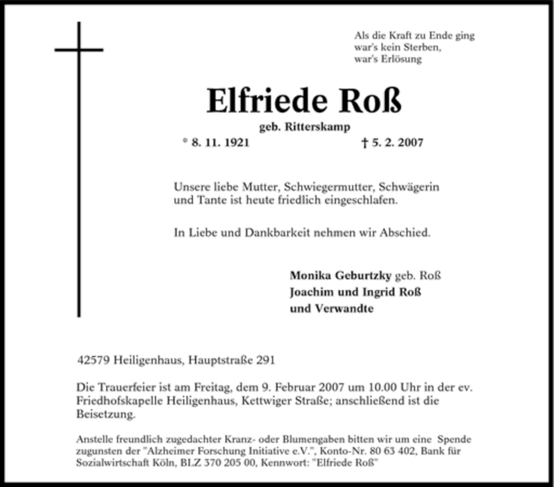  Traueranzeige für Elfriede Roß vom 07.02.2007 aus Tageszeitung