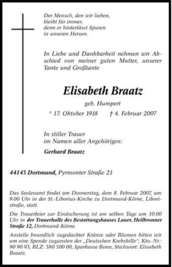 Traueranzeige von Elisabeth Braatz von Tageszeitung