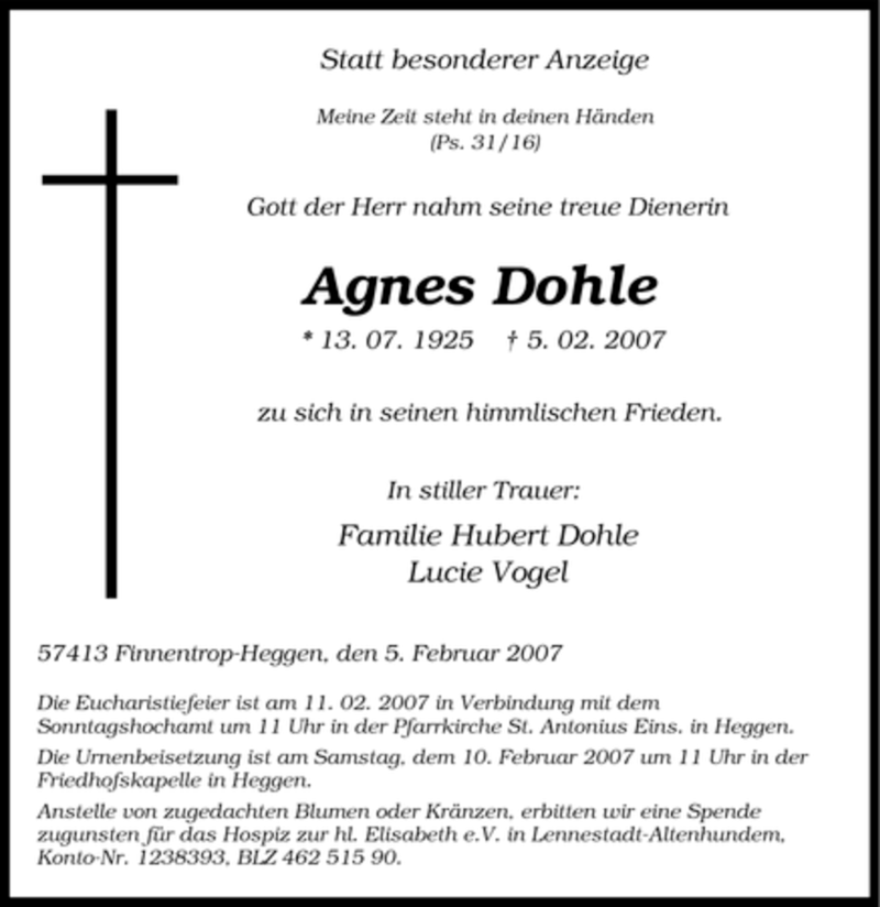  Traueranzeige für Agnes Dohle vom 07.02.2007 aus Tageszeitung