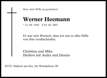 Traueranzeige von Werner Heemann von Tageszeitung