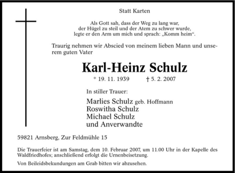  Traueranzeige für Karl-Heinz Schulz vom 07.02.2007 aus Tageszeitung