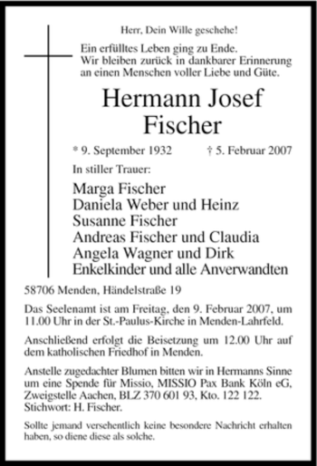 Traueranzeige von Hermann Josef Fischer von Tageszeitung