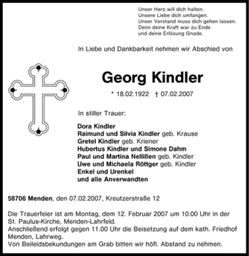 Traueranzeige von Georg Kindler von Tageszeitung