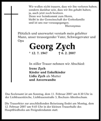 Traueranzeige von Georg Zych von Tageszeitung