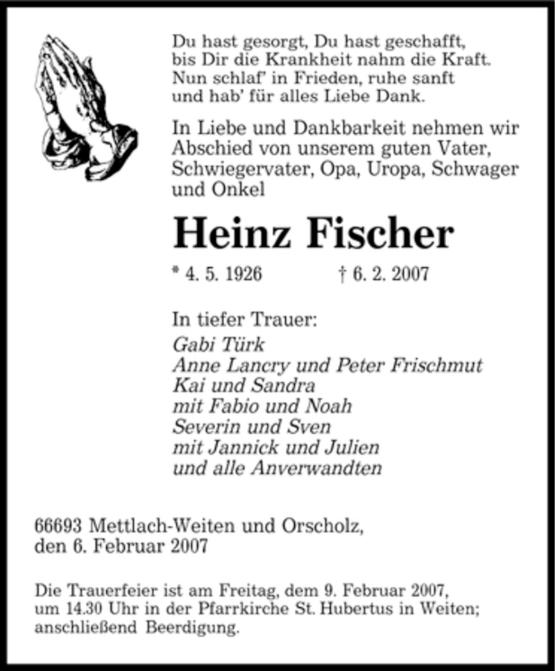  Traueranzeige für Heinz Fischer vom 08.02.2007 aus Tageszeitung
