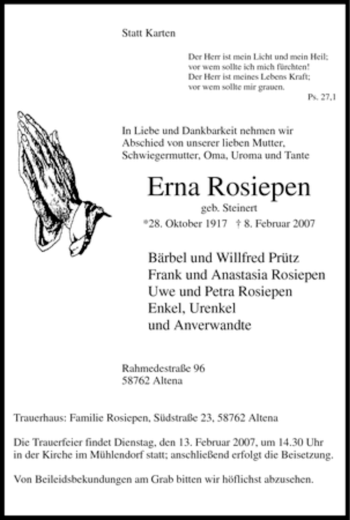 Traueranzeige von Erna Rosiepen von Tageszeitung