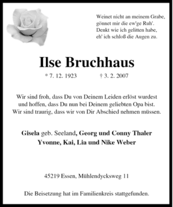 Traueranzeige von Ilse Bruchhaus von Tageszeitung