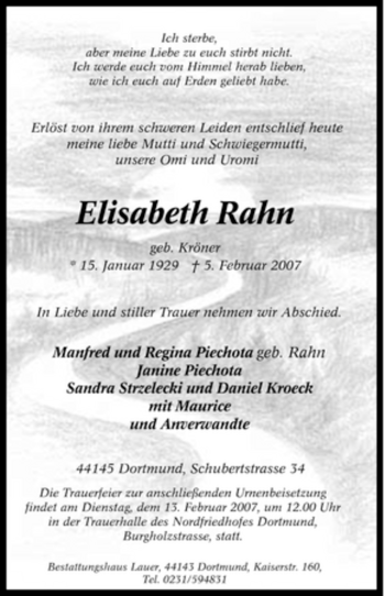 Traueranzeige von Elisabeth Rahn von Tageszeitung