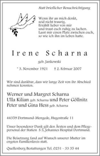 Traueranzeige von Irene Scharna von Tageszeitung