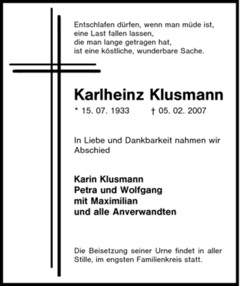 Traueranzeige von Karlheinz Klusmann von Tageszeitung