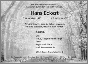 Traueranzeige von Hans Eckert von Tageszeitung