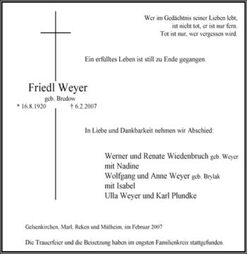 Traueranzeige von Friedl Weyer von Tageszeitung