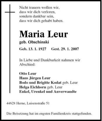 Traueranzeige von Maria Leur von Tageszeitung