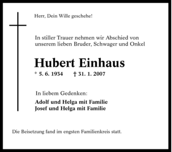 Traueranzeige von Hubert Einhaus von Tageszeitung