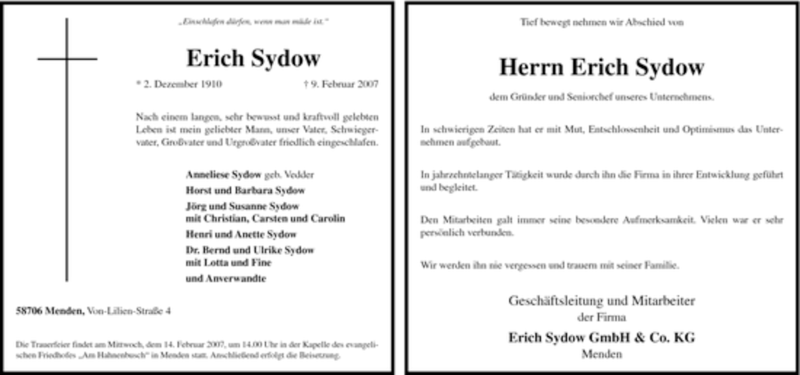  Traueranzeige für Erich Sydow vom 10.02.2007 aus Tageszeitung