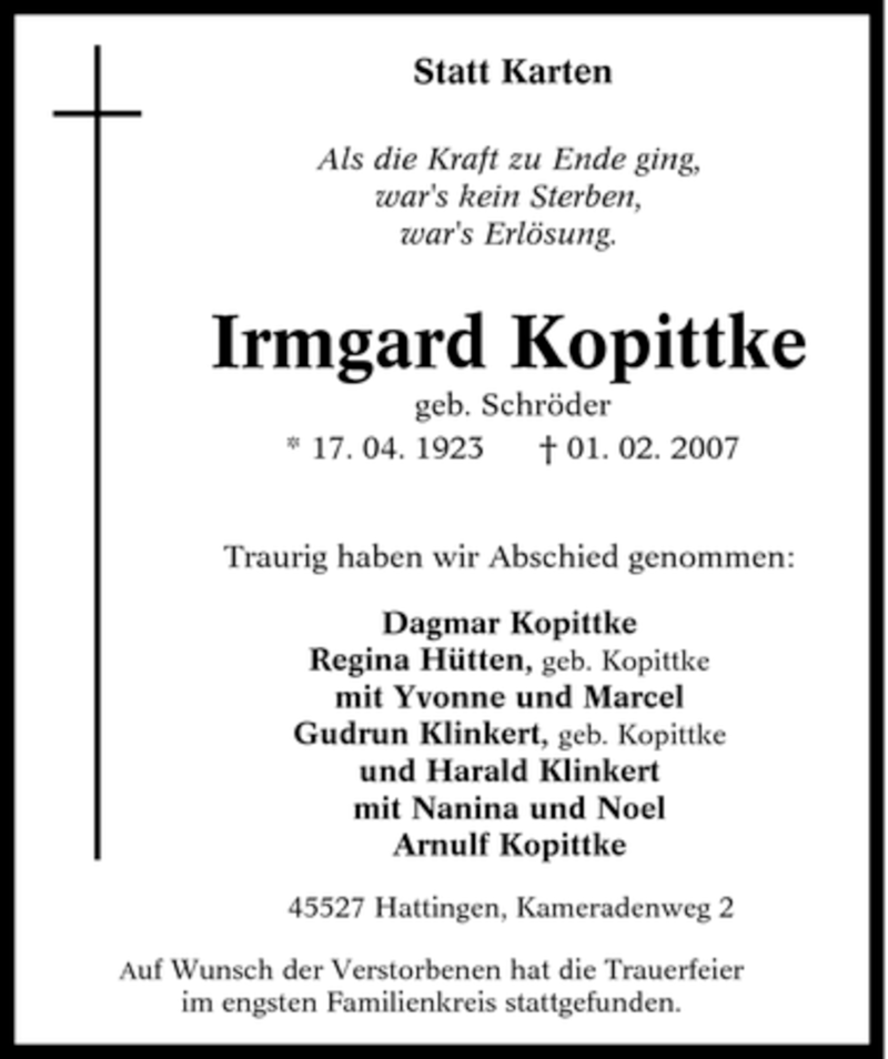  Traueranzeige für Irmgard Kopittke vom 10.02.2007 aus Tageszeitung