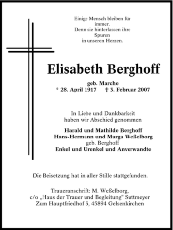 Traueranzeige von Elisabeth Berghoff von Tageszeitung