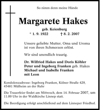 Traueranzeige von Margarete Hakes von Tageszeitung
