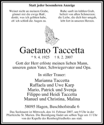 Traueranzeige von Gaetano Taccetta von Tageszeitung