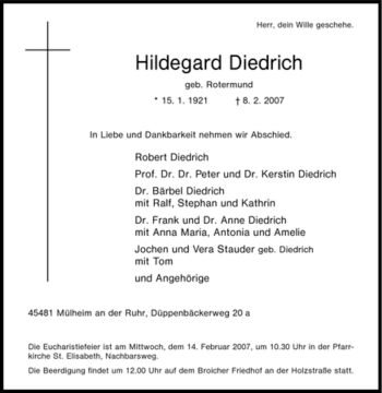 Traueranzeige von Hildegard Diedrich von Tageszeitung
