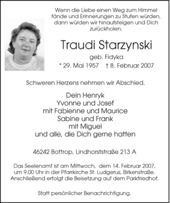 Traueranzeige von Traudi Starzynski von Tageszeitung