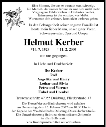 Traueranzeige von Helmut Kerber von Tageszeitung