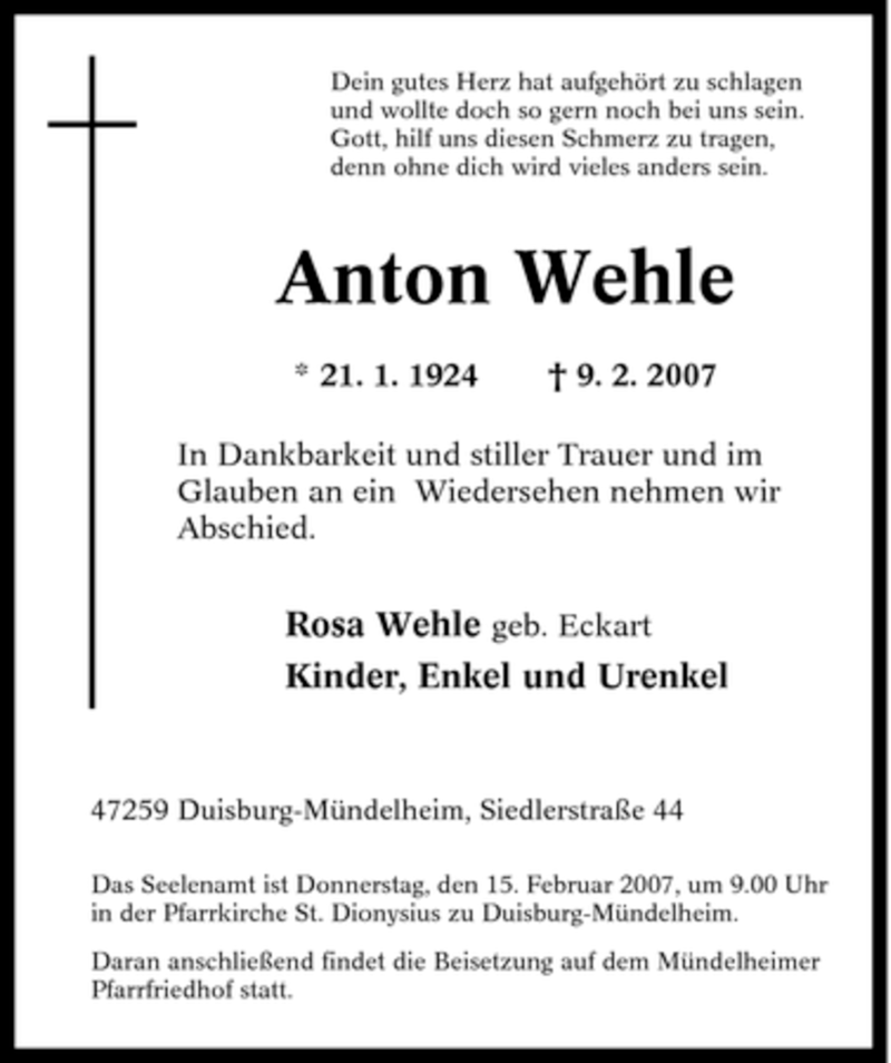  Traueranzeige für Anton Wehle vom 13.02.2007 aus Tageszeitung
