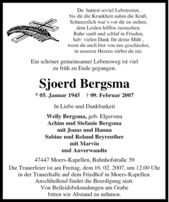 Traueranzeige von Sjoerd Bergsma von Tageszeitung