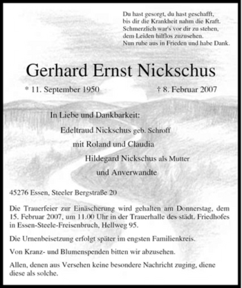 Traueranzeige von Gerhard Ernst Nickschus von Tageszeitung