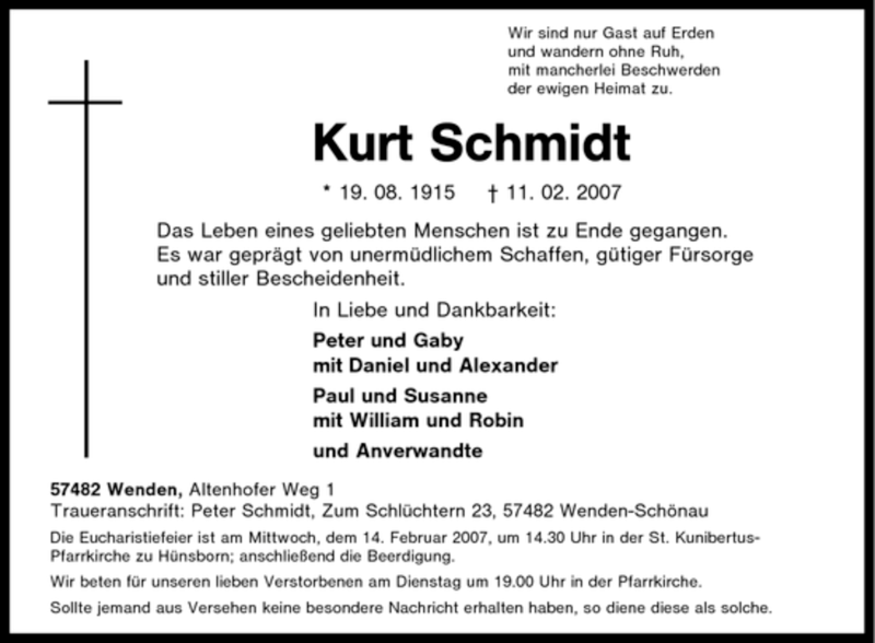  Traueranzeige für Kurt Schmidt vom 13.02.2007 aus Tageszeitung