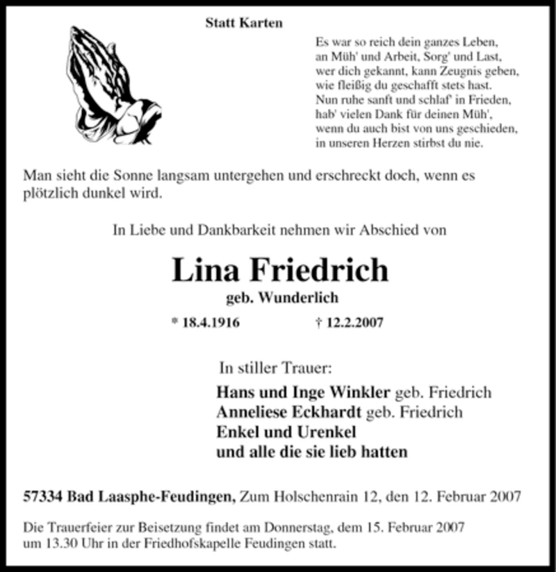  Traueranzeige für Lina Friedrich vom 13.02.2007 aus Tageszeitung