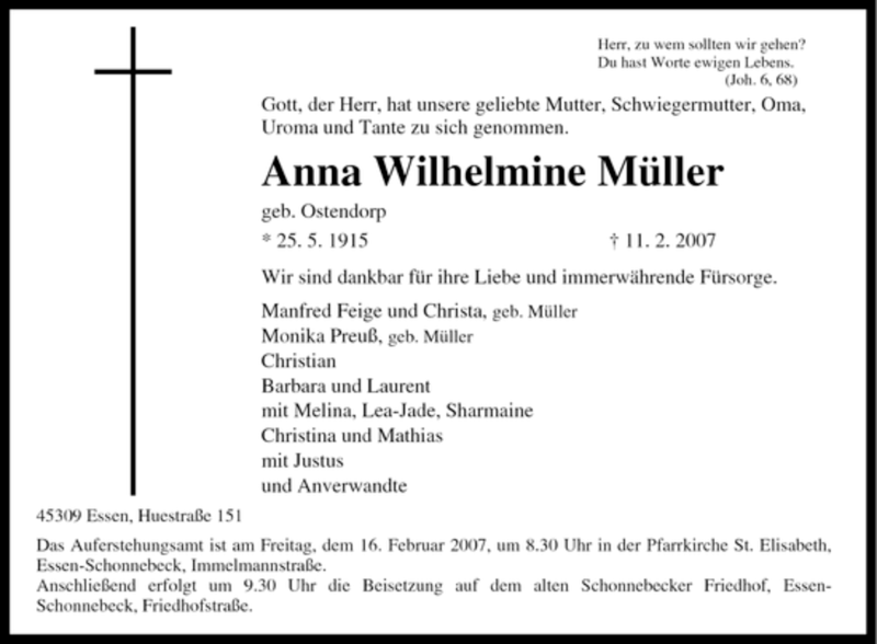  Traueranzeige für Anna Wilhelmine Müller vom 13.02.2007 aus Tageszeitung