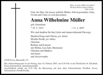 Traueranzeige von Anna Wilhelmine Müller von Tageszeitung