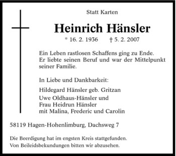 Traueranzeige von Heinrich Hänsler von Tageszeitung