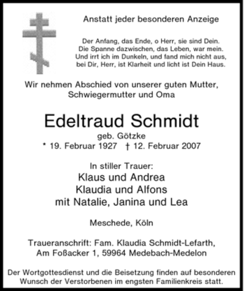 Traueranzeige von Edeltraud Schmidt von Tageszeitung