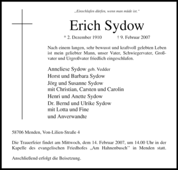 Traueranzeige von Erich Sydow von Tageszeitung