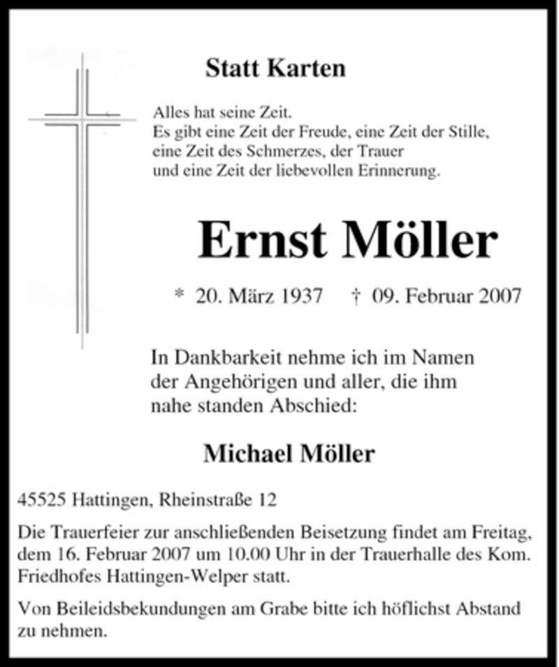  Traueranzeige für Ernst Möller vom 14.02.2007 aus Tageszeitung
